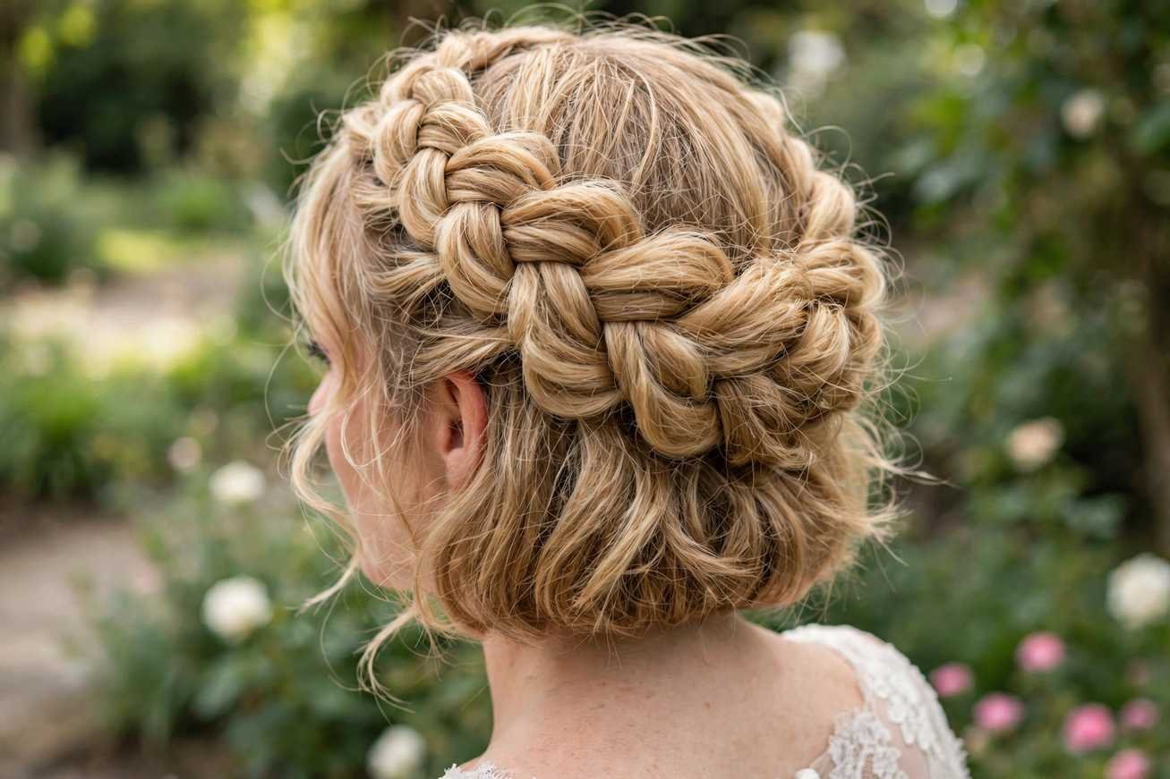 Braided halo wedding hairstyle with white flowers