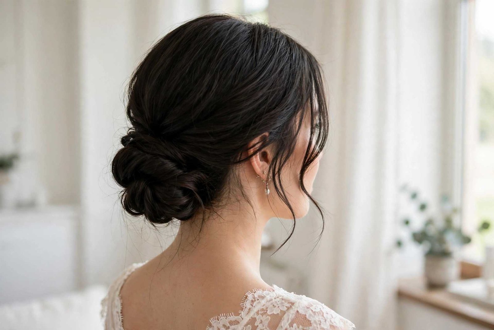 Soft romantic low updo wedding hairstyle
