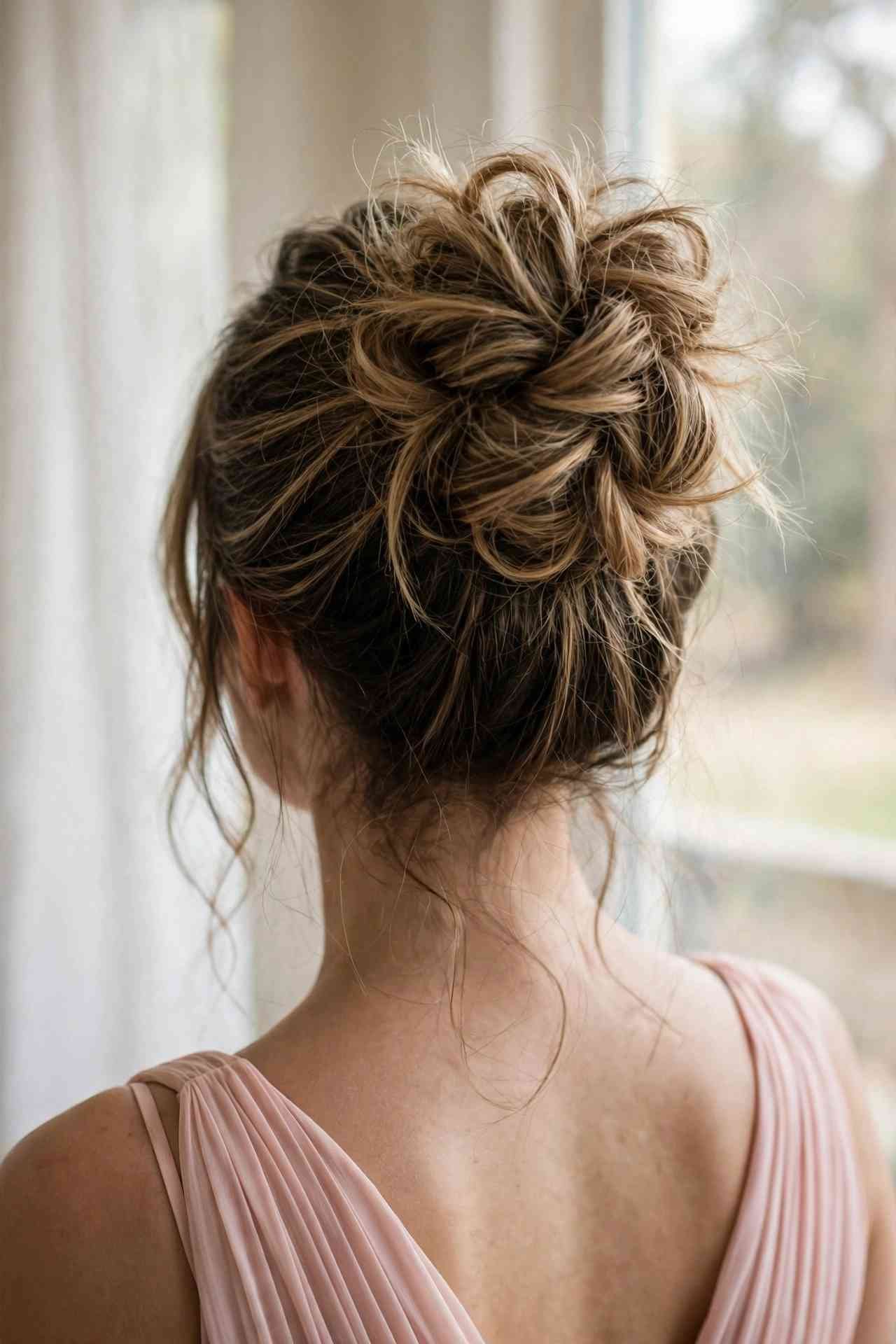 Messy textured bun updo hairstyle