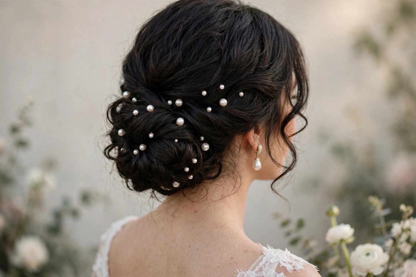 Pearl-pinned bridal updo hairstyle