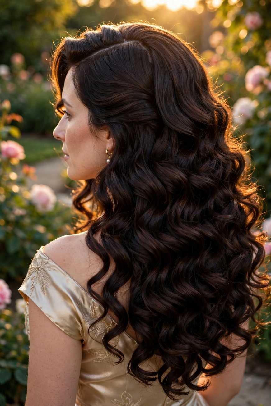 Loose curls with deep side part hairstyle