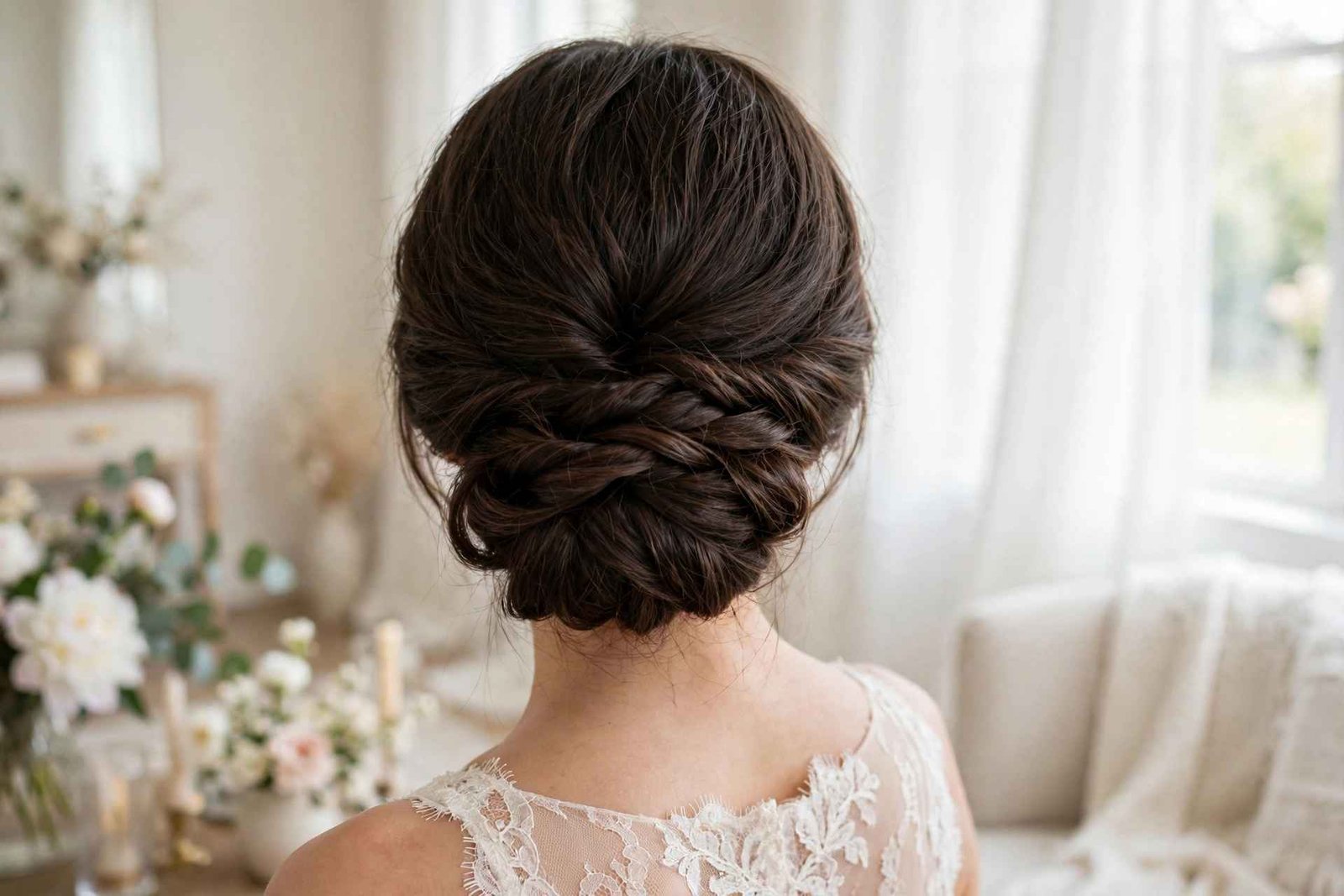 Chignon with braided wrap wedding hairstyle