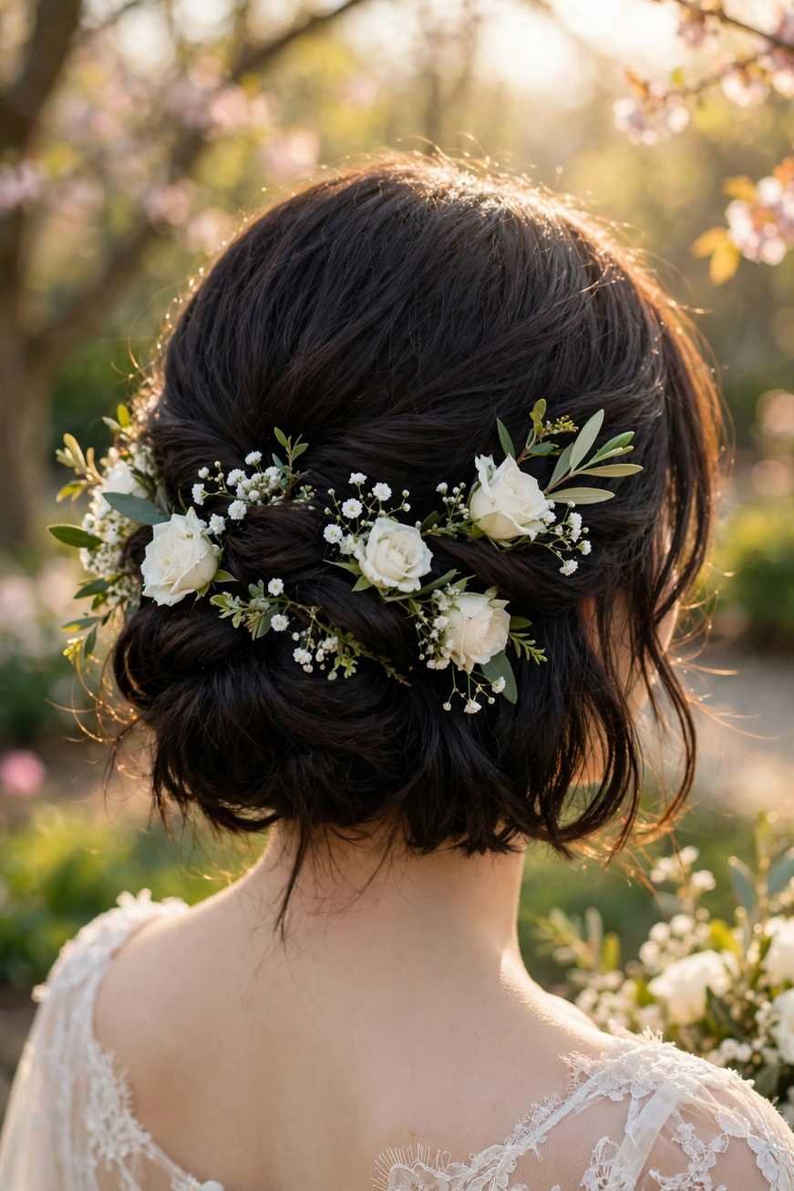 Floral tucked bridal updo with golden hairpiece