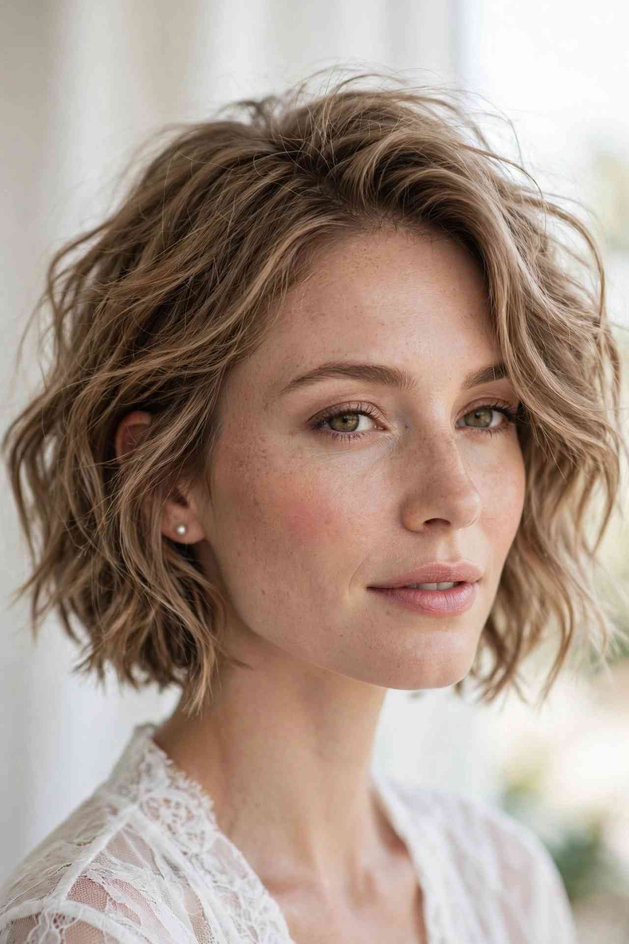 Soft tousled waves bob hairstyle