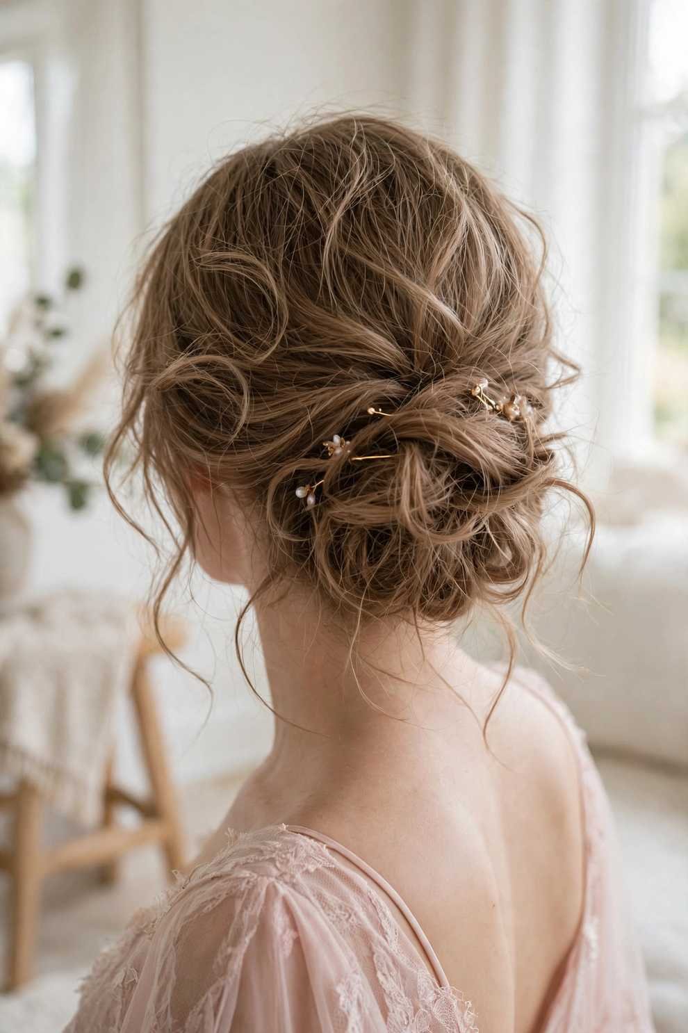 Wispy low chignon wedding hairstyle
