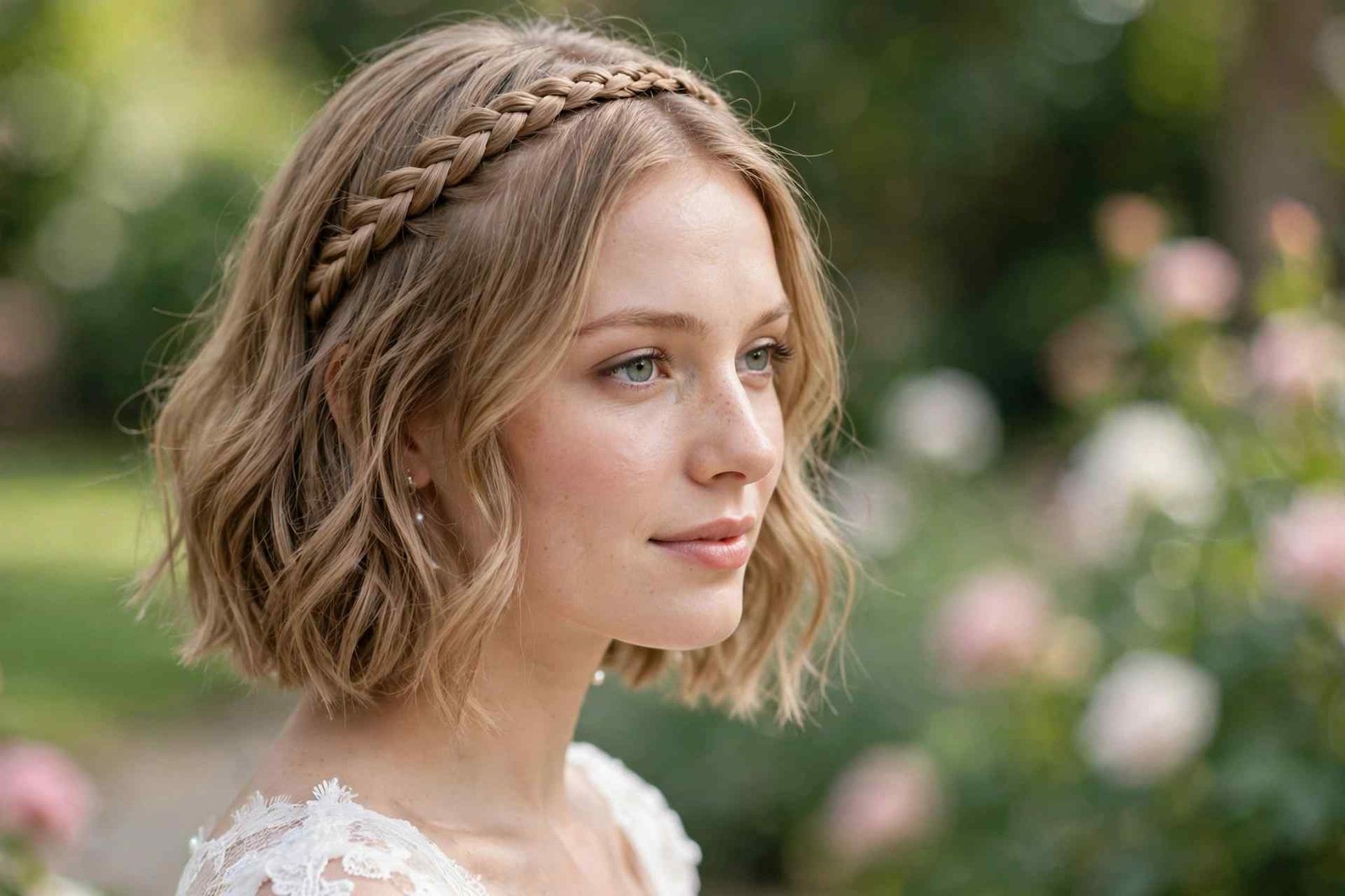 Braided headband hairstyle with flower