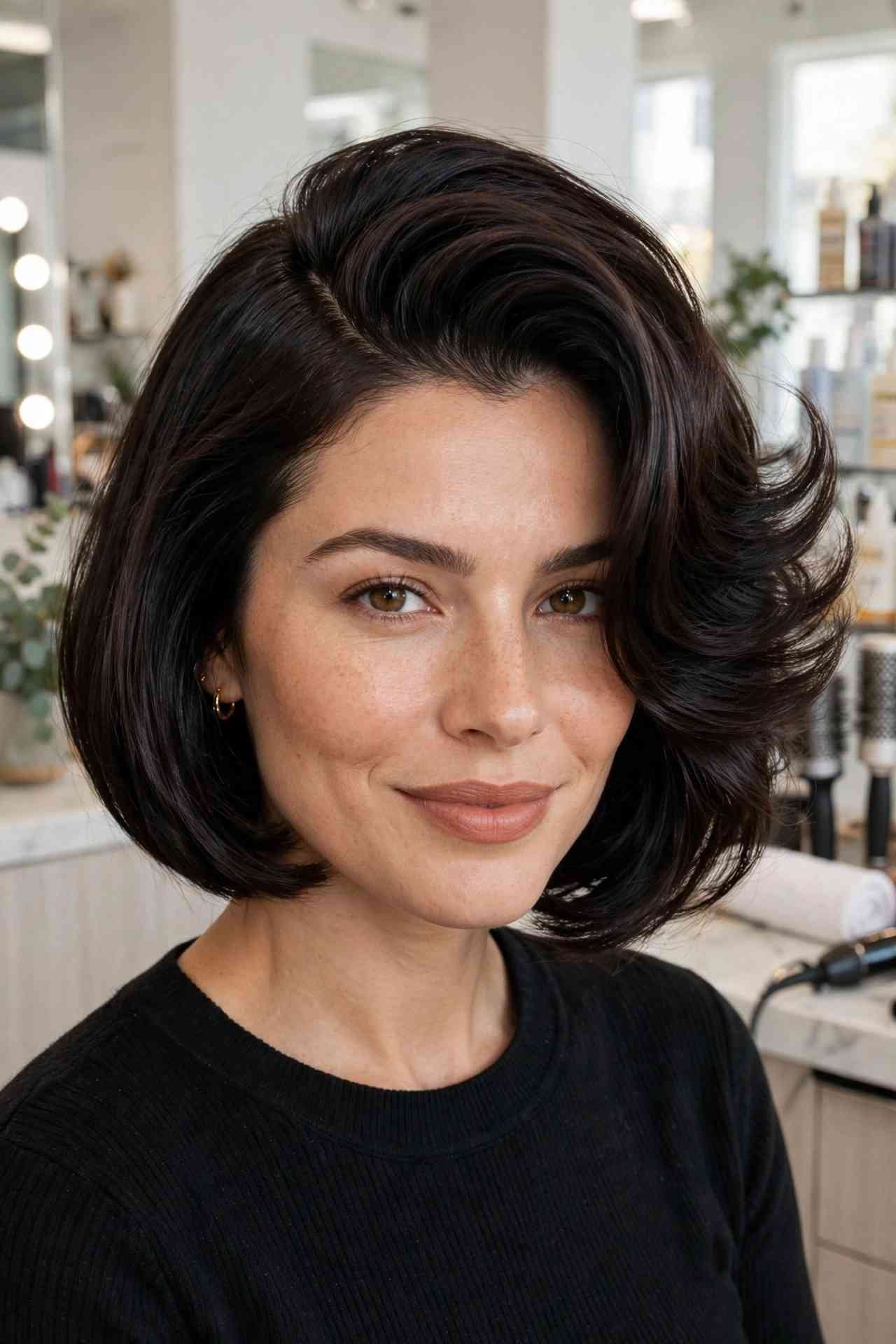 Deep side part blowout bob