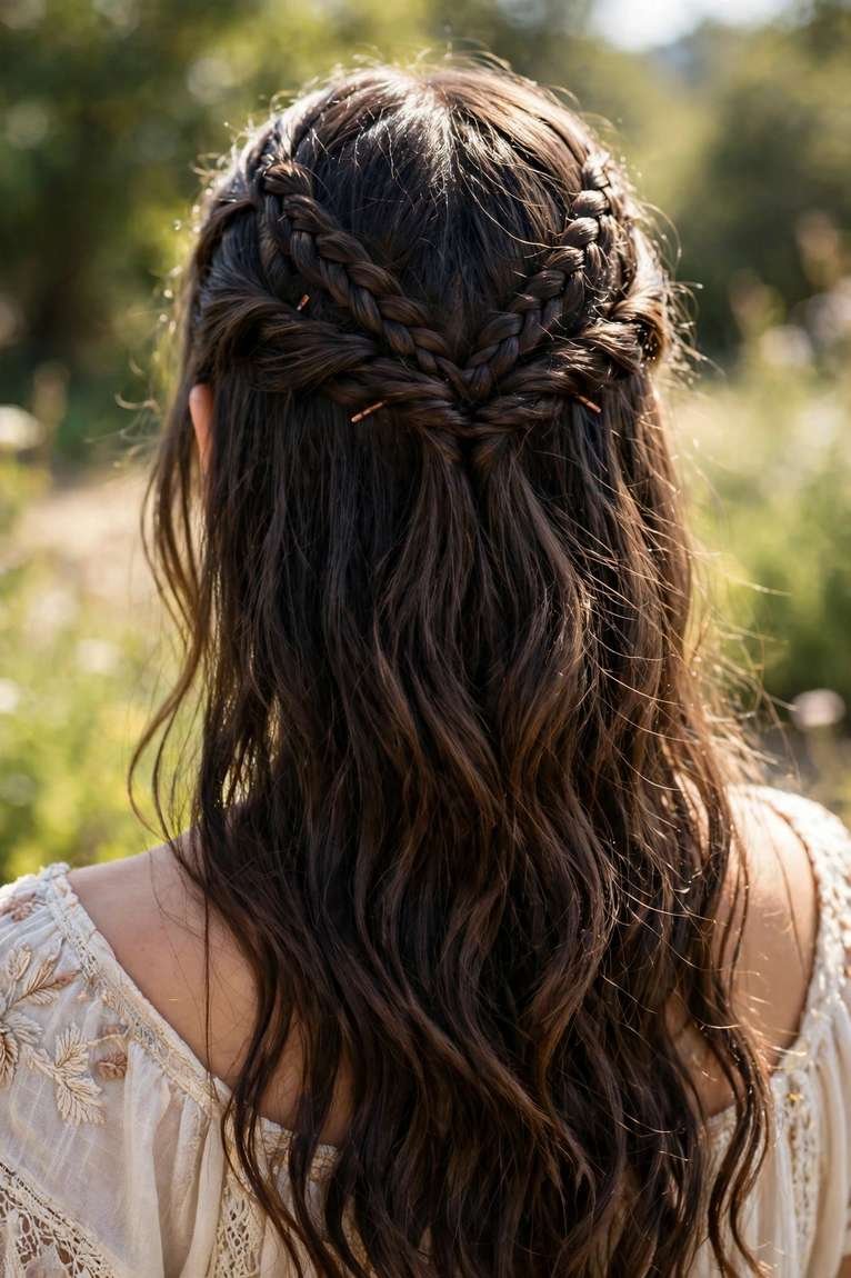 Half-up braided crown with bouquet