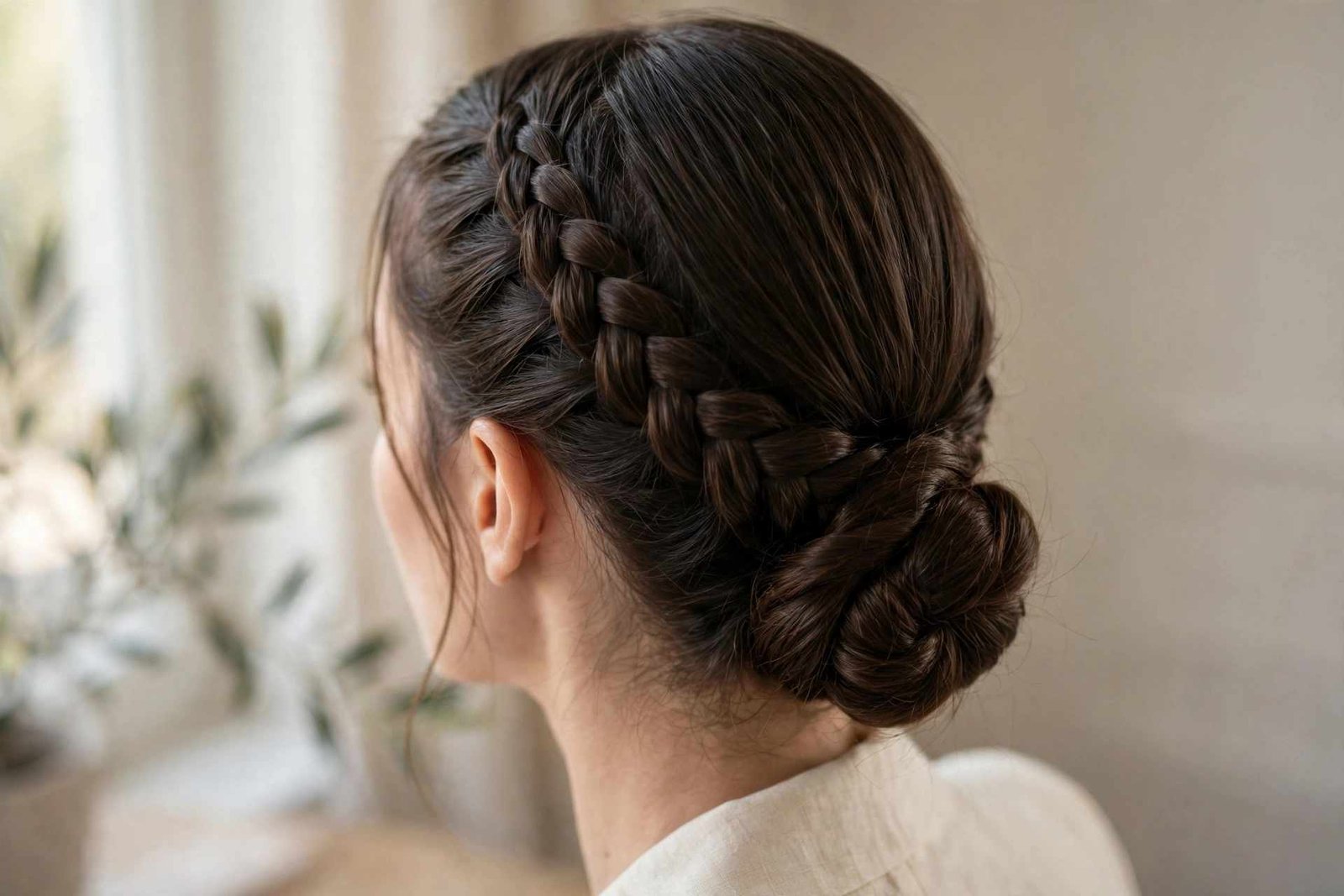 Side Dutch braid into bun hairstyle