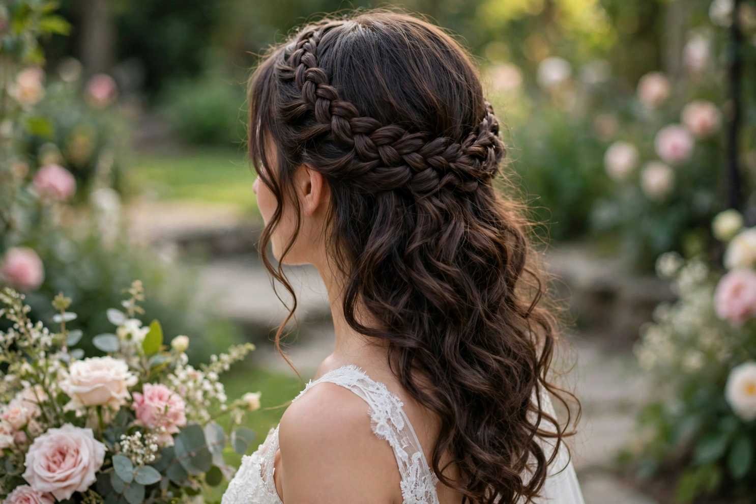 Braided halo with loose curls and flowers
