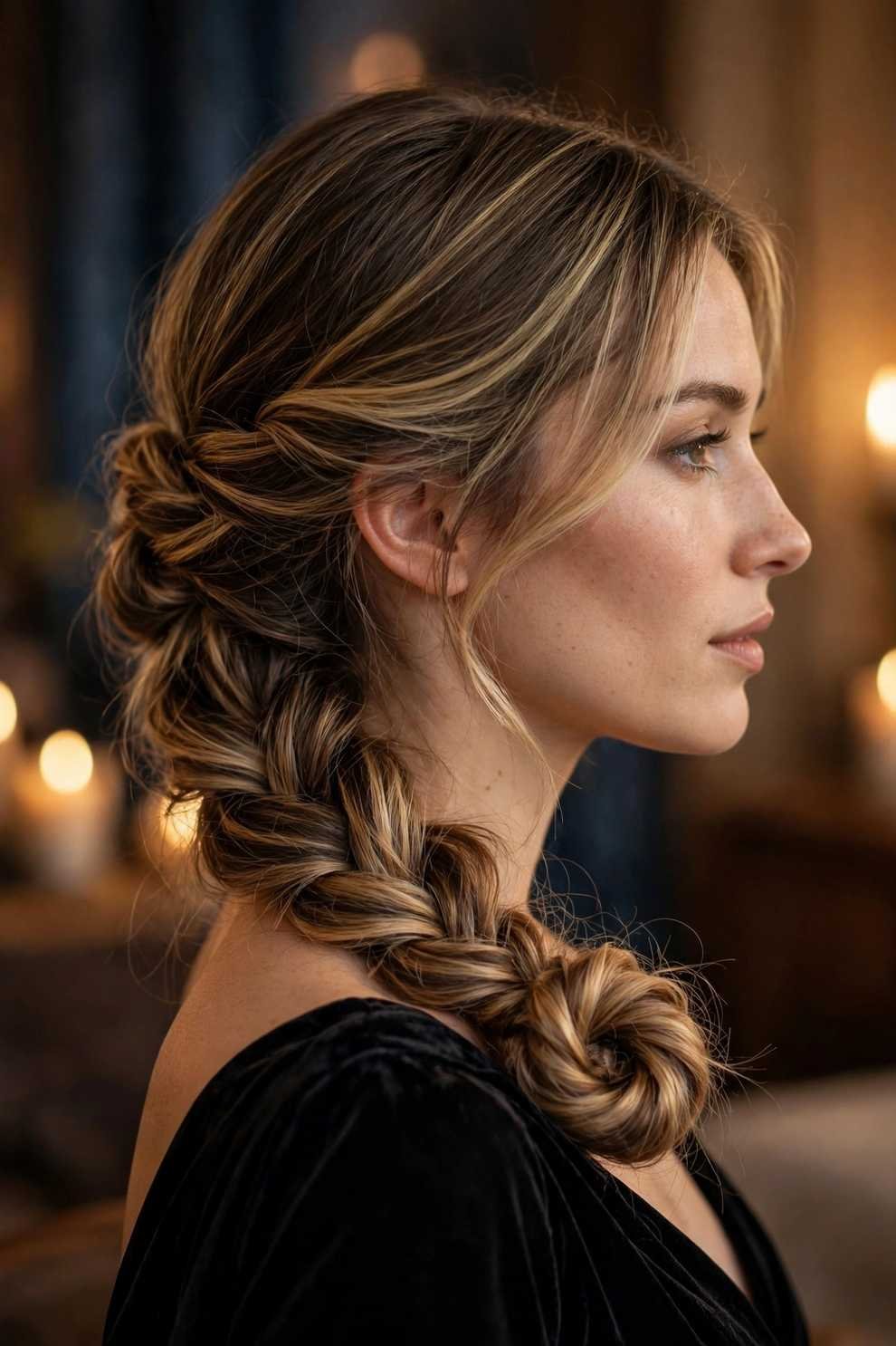 Side-swept braided bun hairstyle