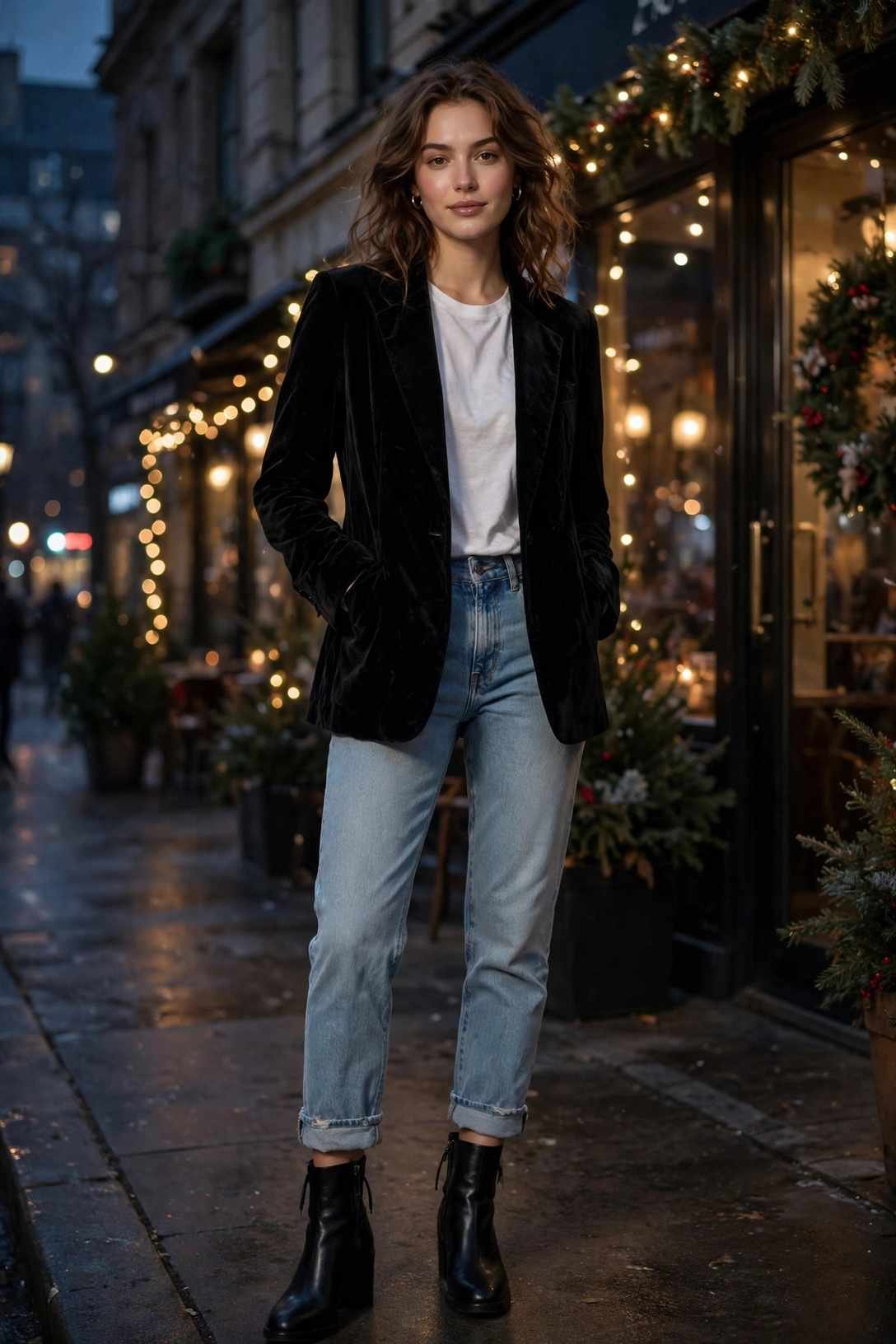 Black Velvet Blazer and Light-Wash Jeans