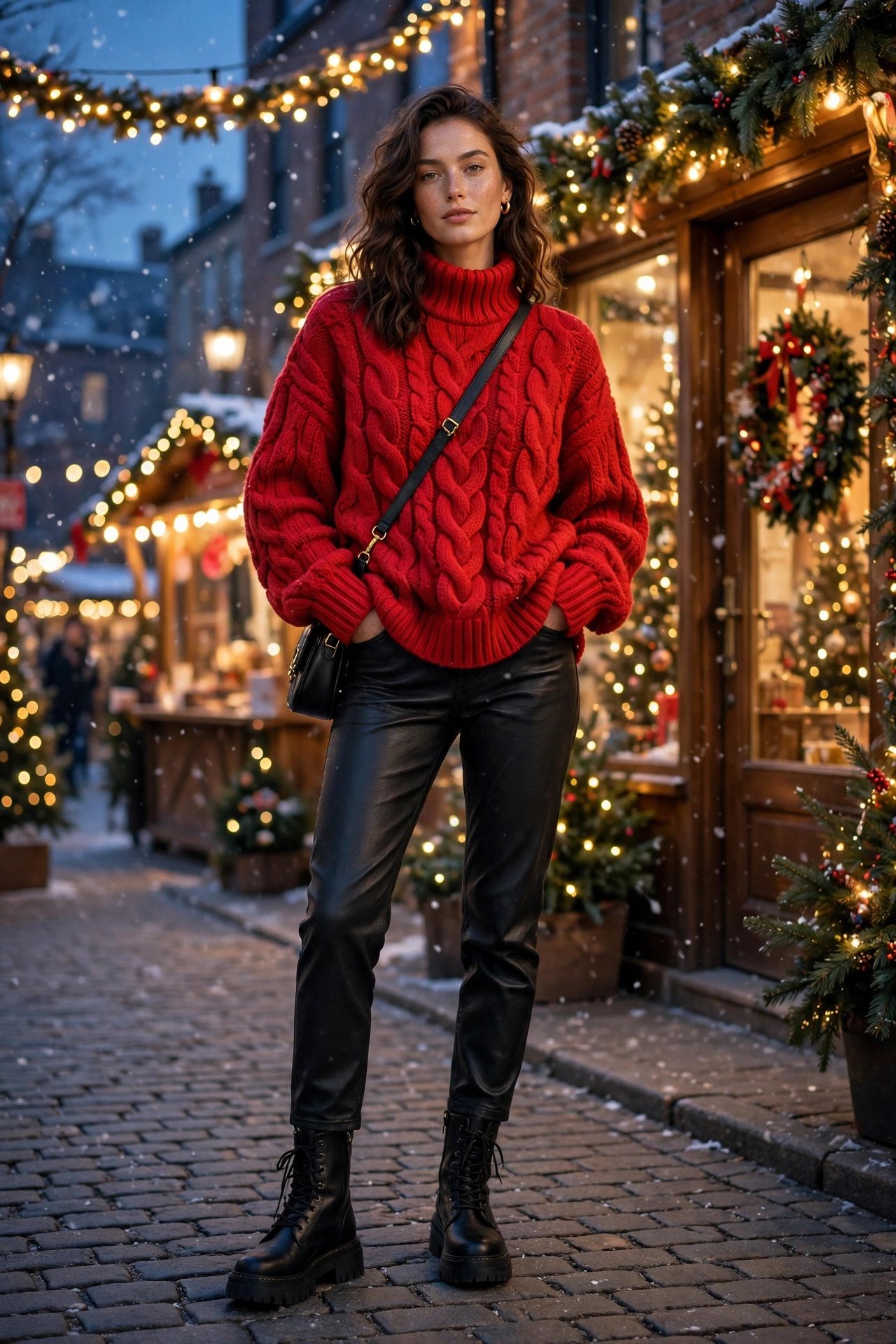 Red Chunky Knit and Black Leather-Look Jeans