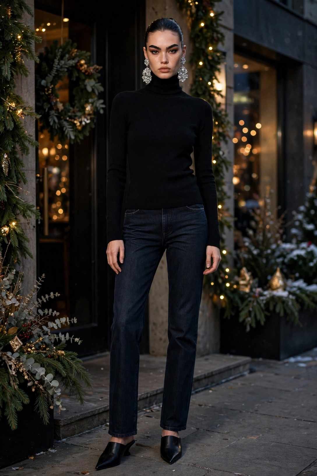 Black Turtleneck and Dark Jeans With Statement Earrings