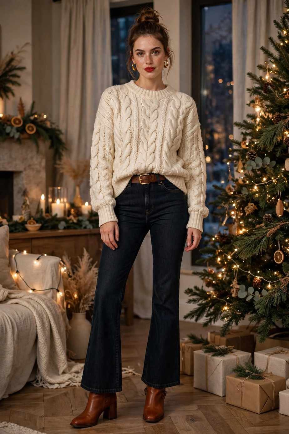 Cream Cable-Knit Tucked Into Dark Flared Jeans