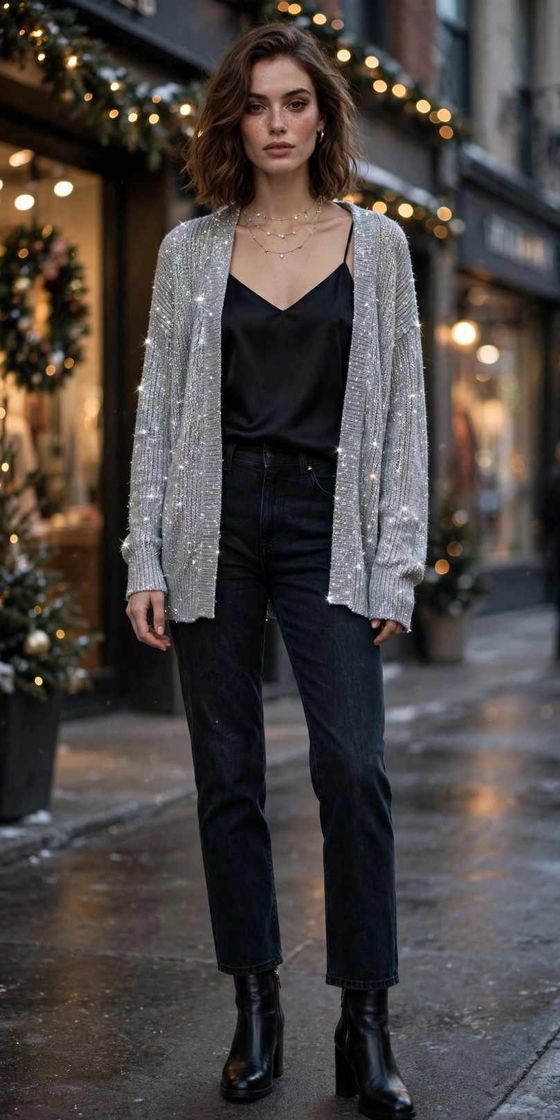 Sparkly Cardigan Over Black Cami and Jeans