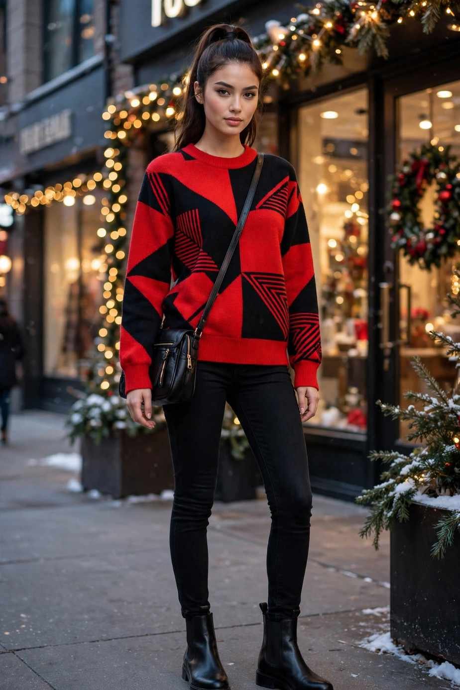 Red and Black Color-Blocked Sweater With Jeans
