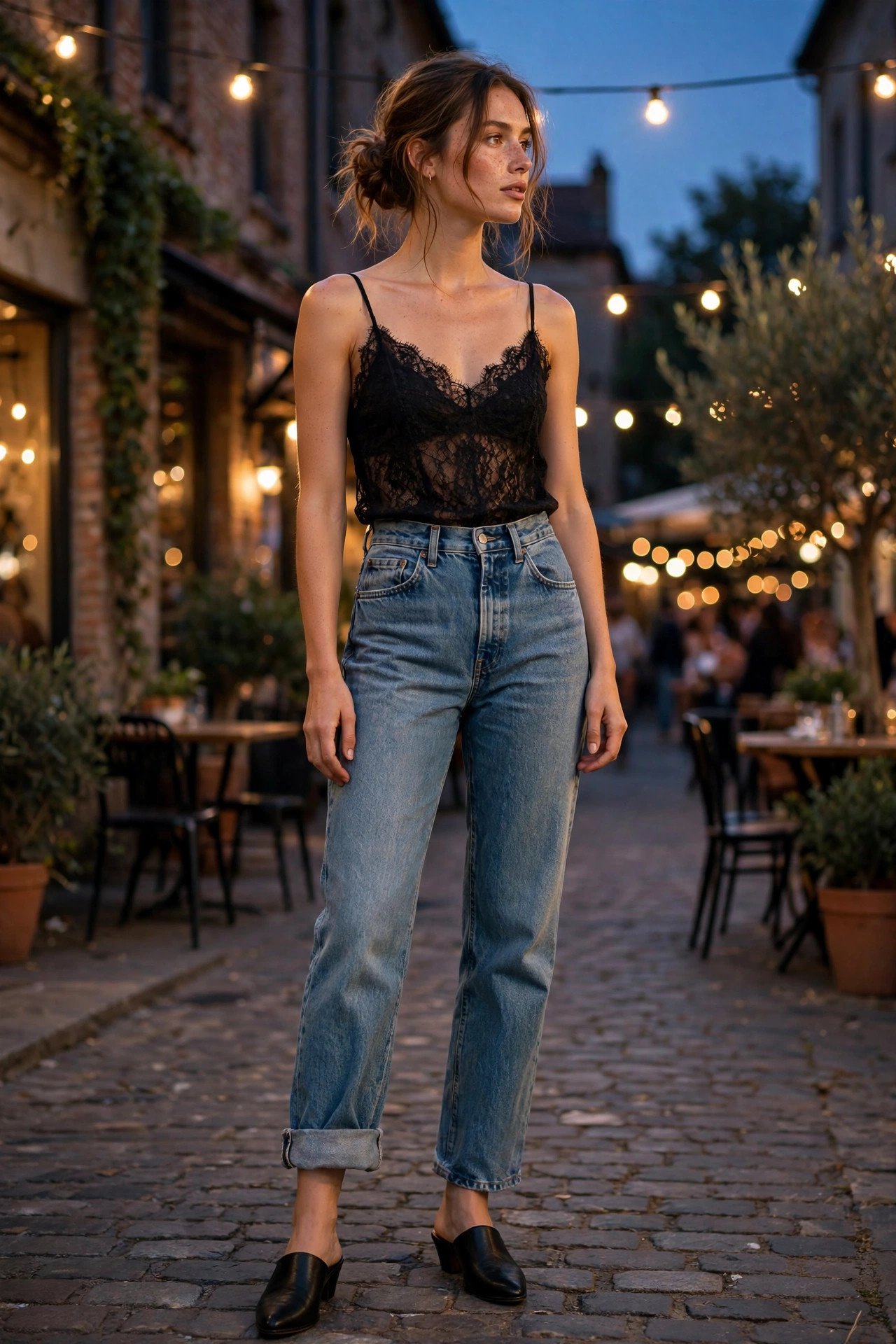 Black Lace Camisole With Mom Jeans