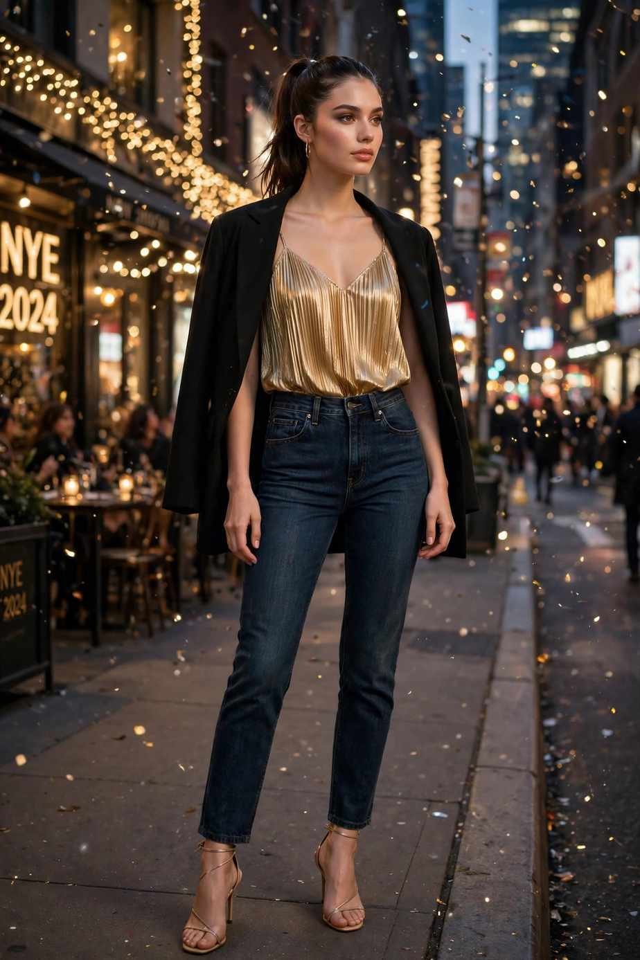 Gold Pleated Camisole With Dark Denim