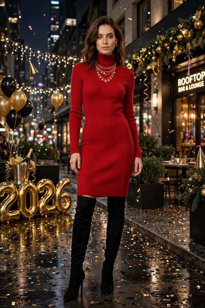 Red Turtleneck Sweater Dress