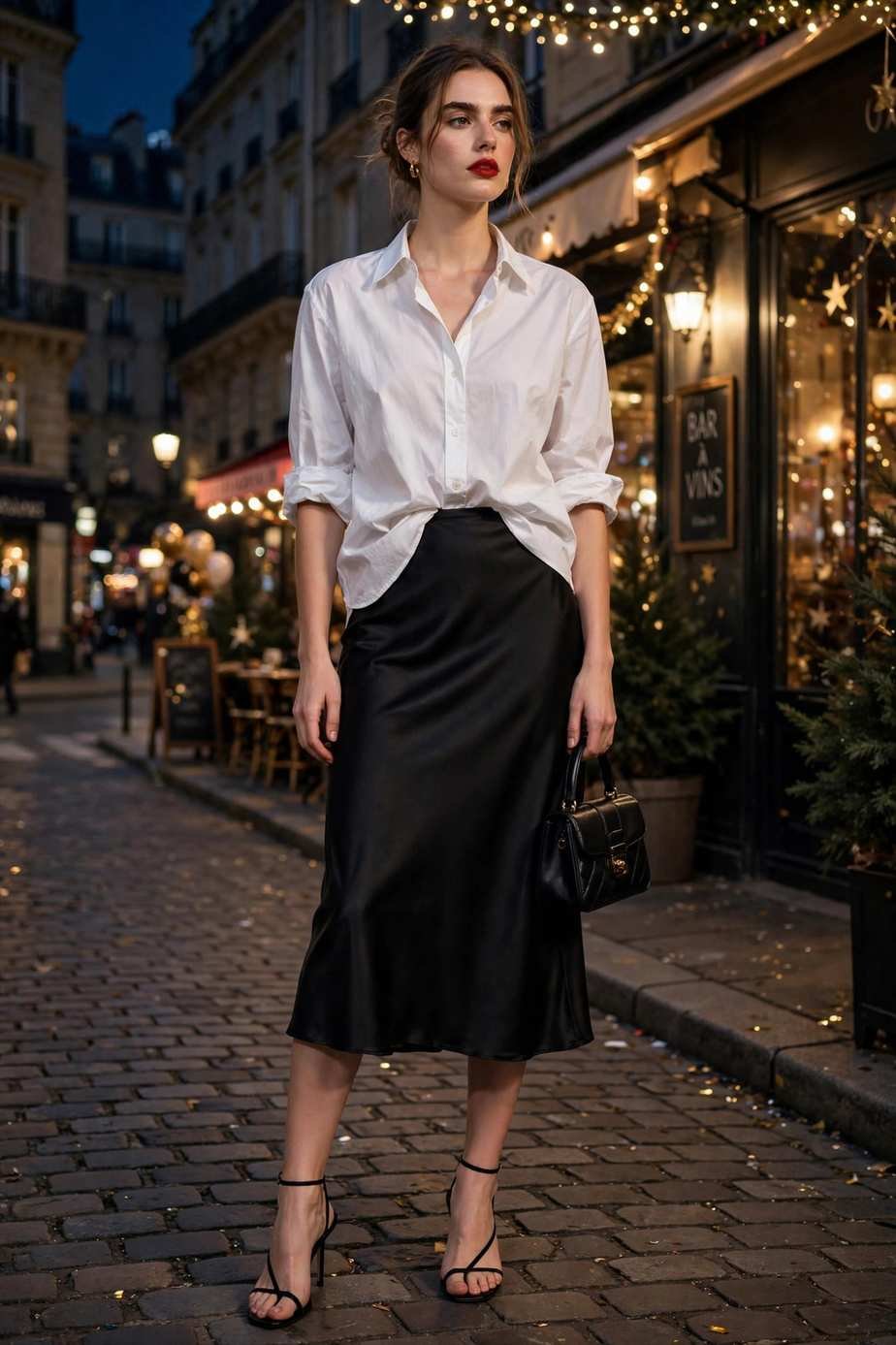 Black Satin Slip Skirt and White Shirt