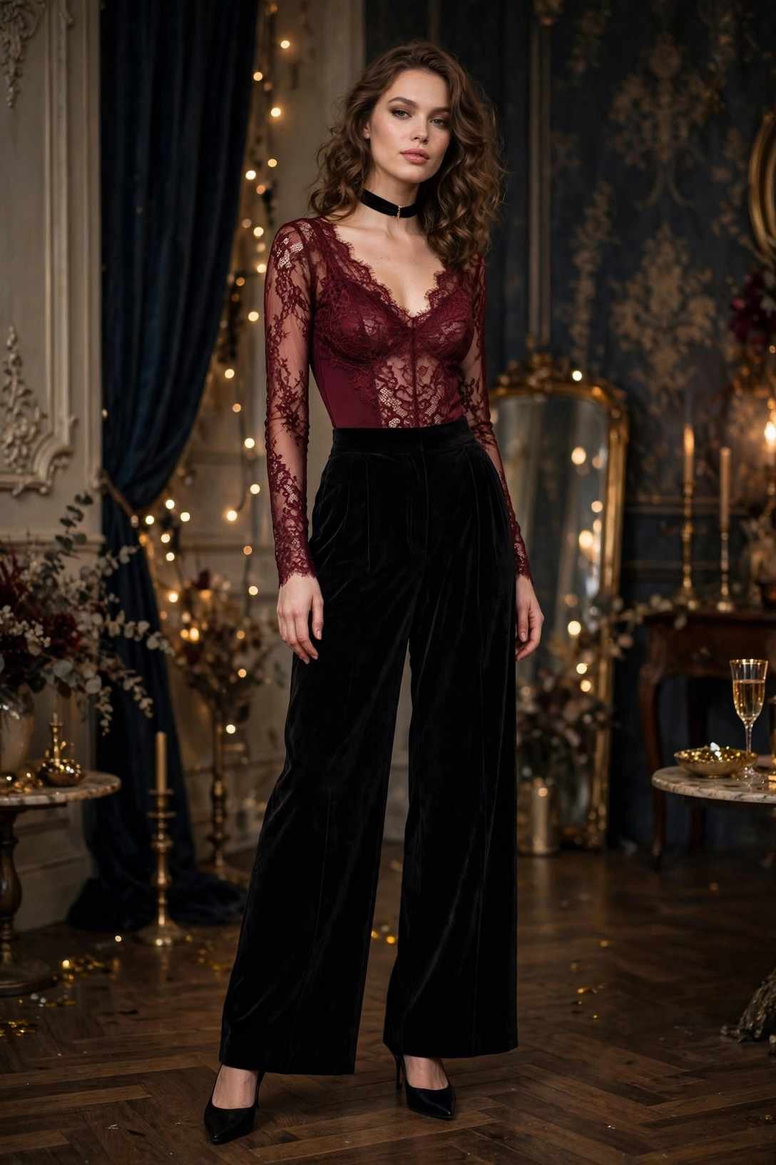 Velvet Wide-Leg Trousers and Lace Bodysuit