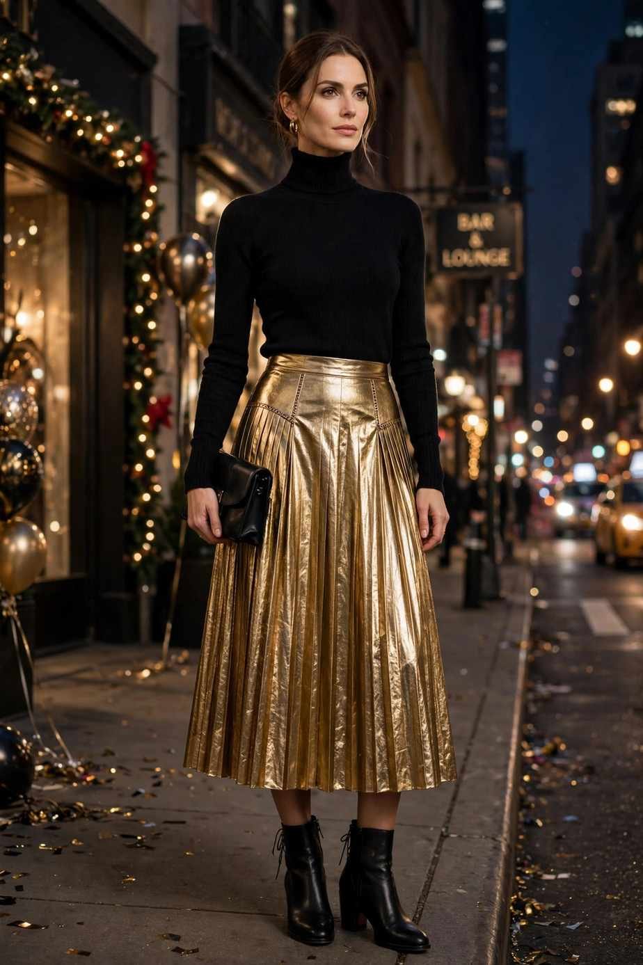 Gold Metallic Pleated Midi Skirt