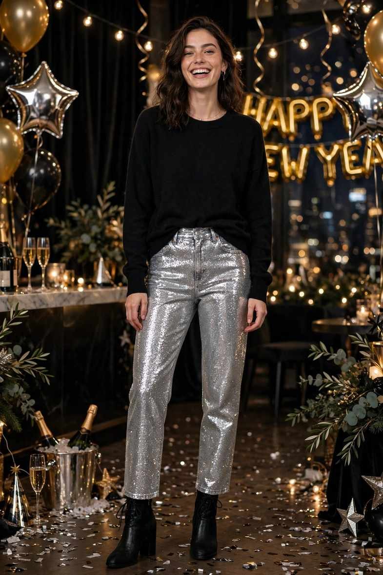 Silver Sequin Jeans and Black Sweater