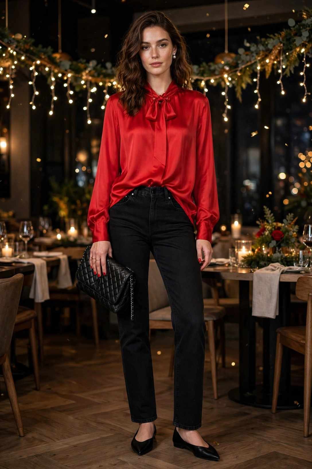 Red Blouse and Black Jeans for NYE Dinner