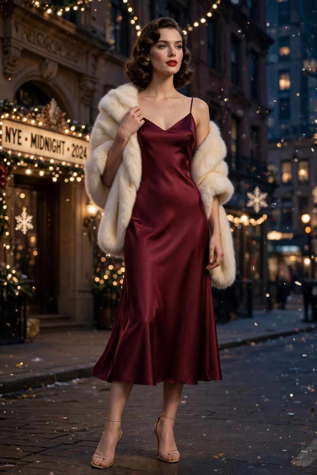 Burgundy Slip Dress With Faux Fur Stole