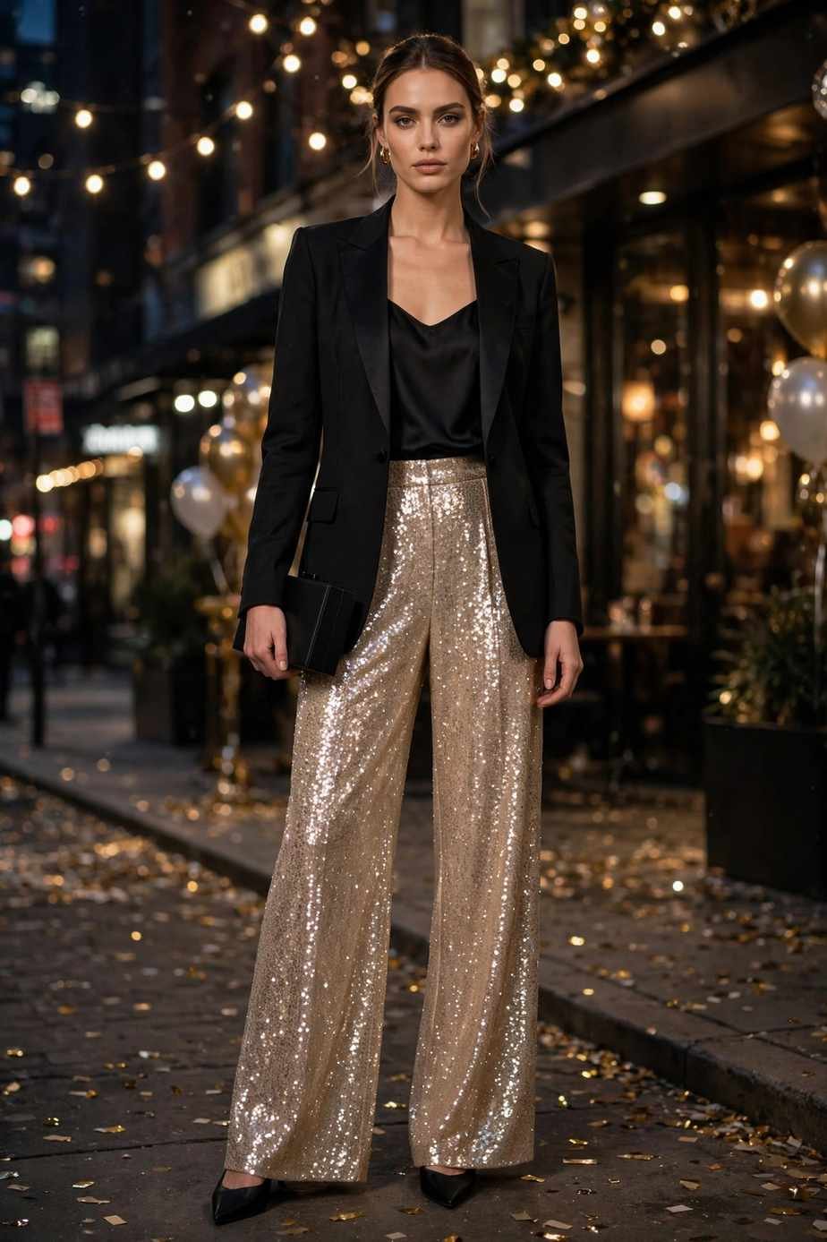 Champagne Sequin Wide-Leg Trousers