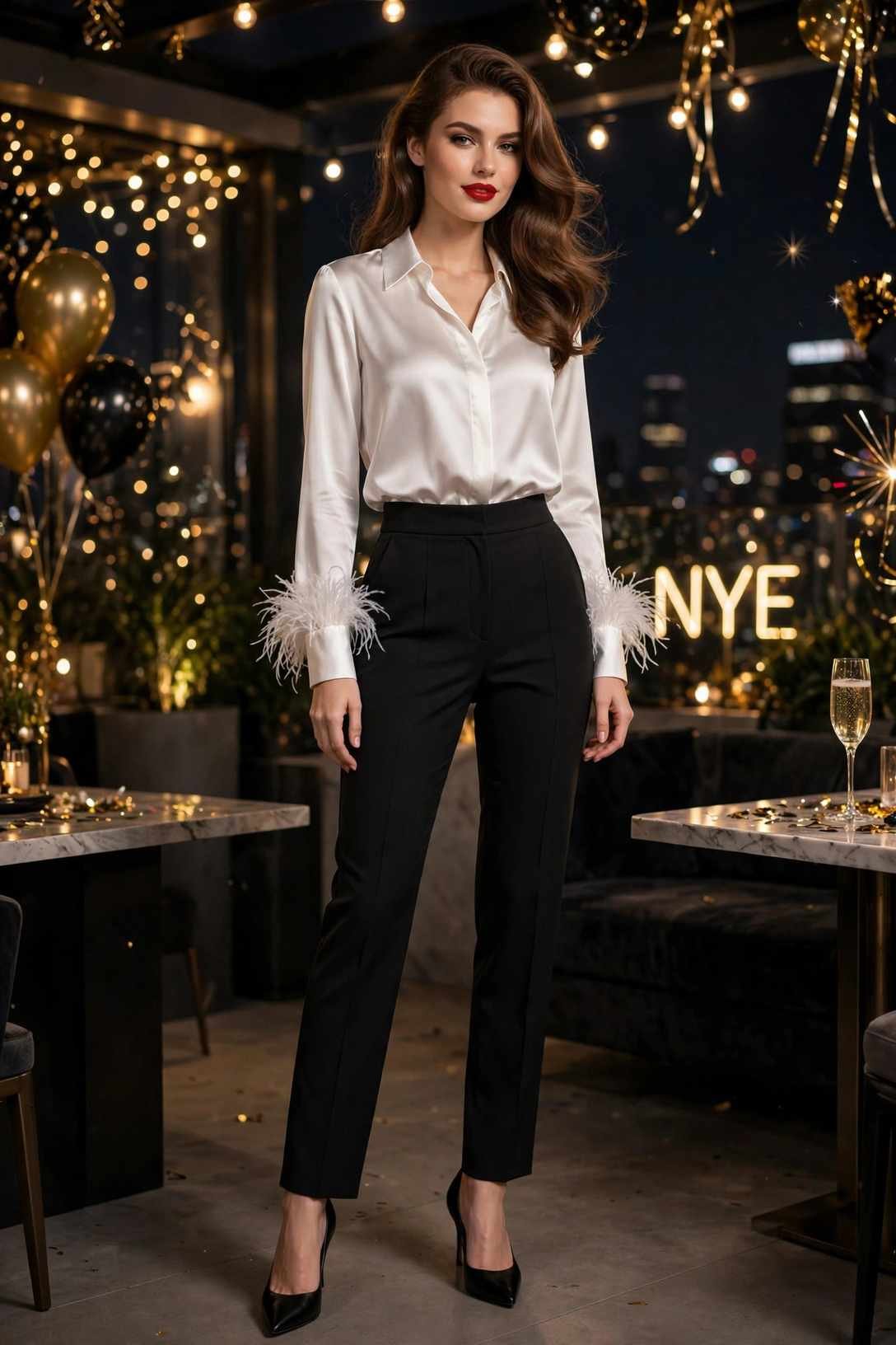 White Feather-Trim Blouse and Black Trousers
