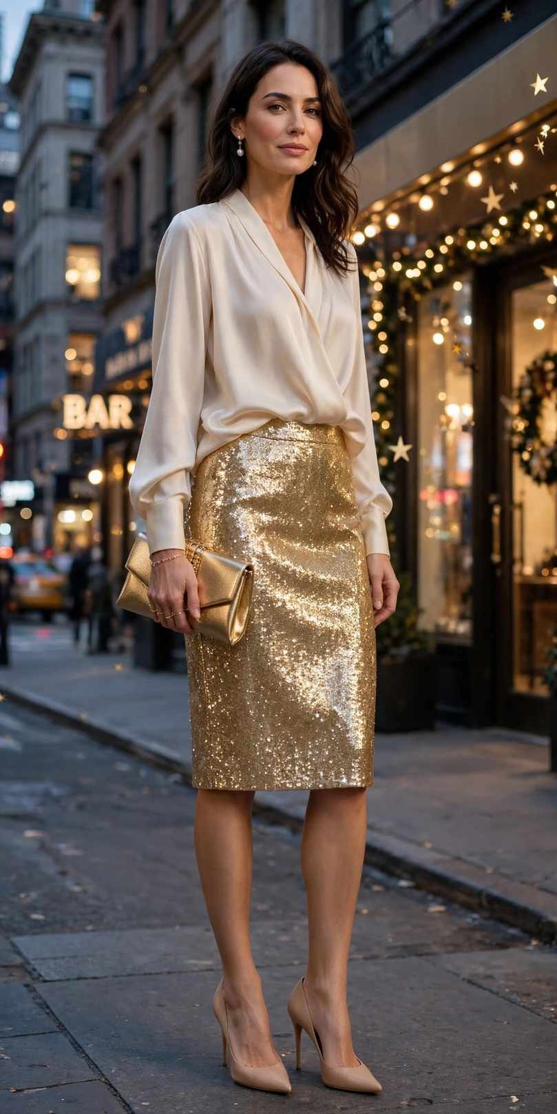 Cream Silk Blouse and Gold Sequin Skirt
