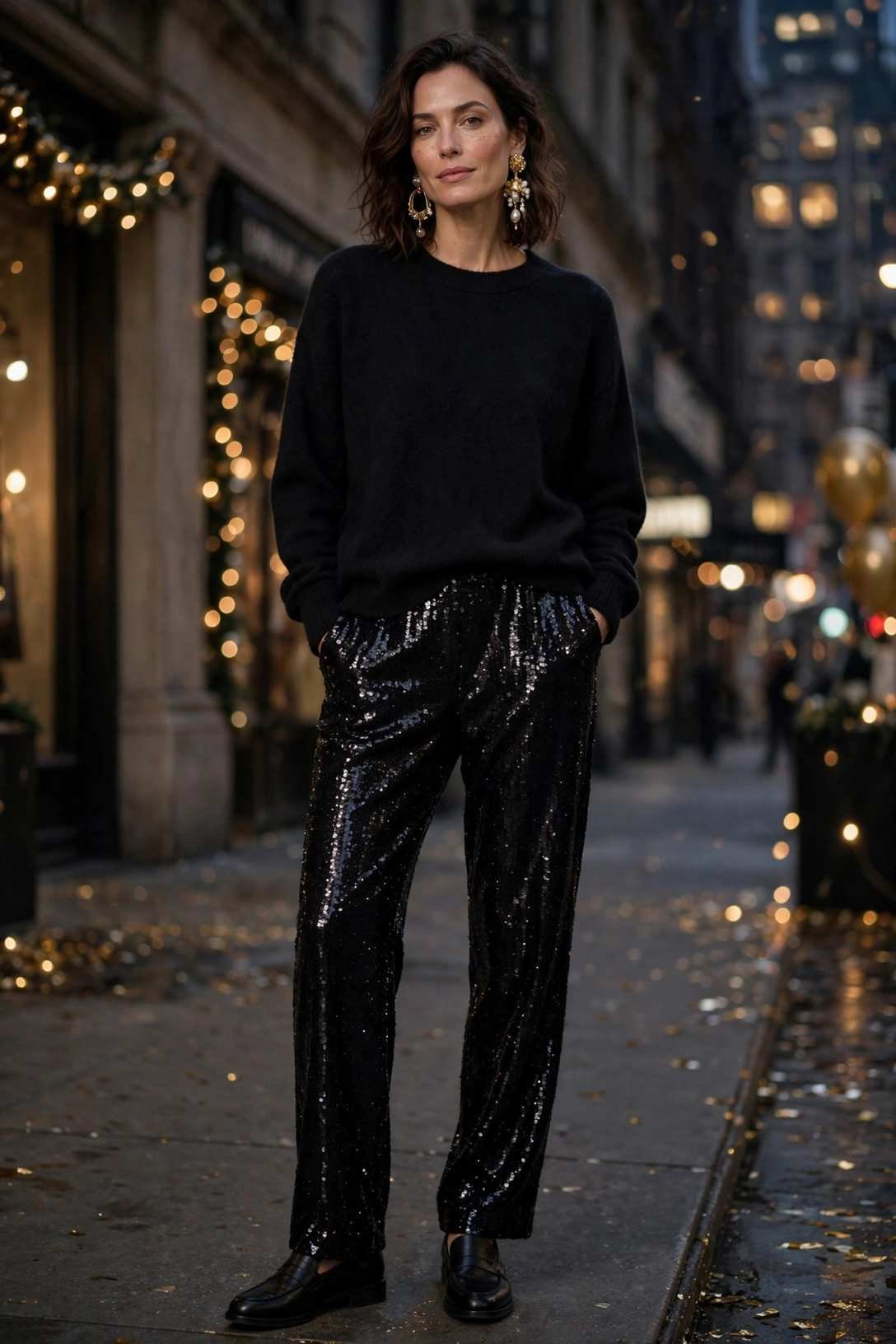 Black Cashmere Sweater and Sequin Trousers