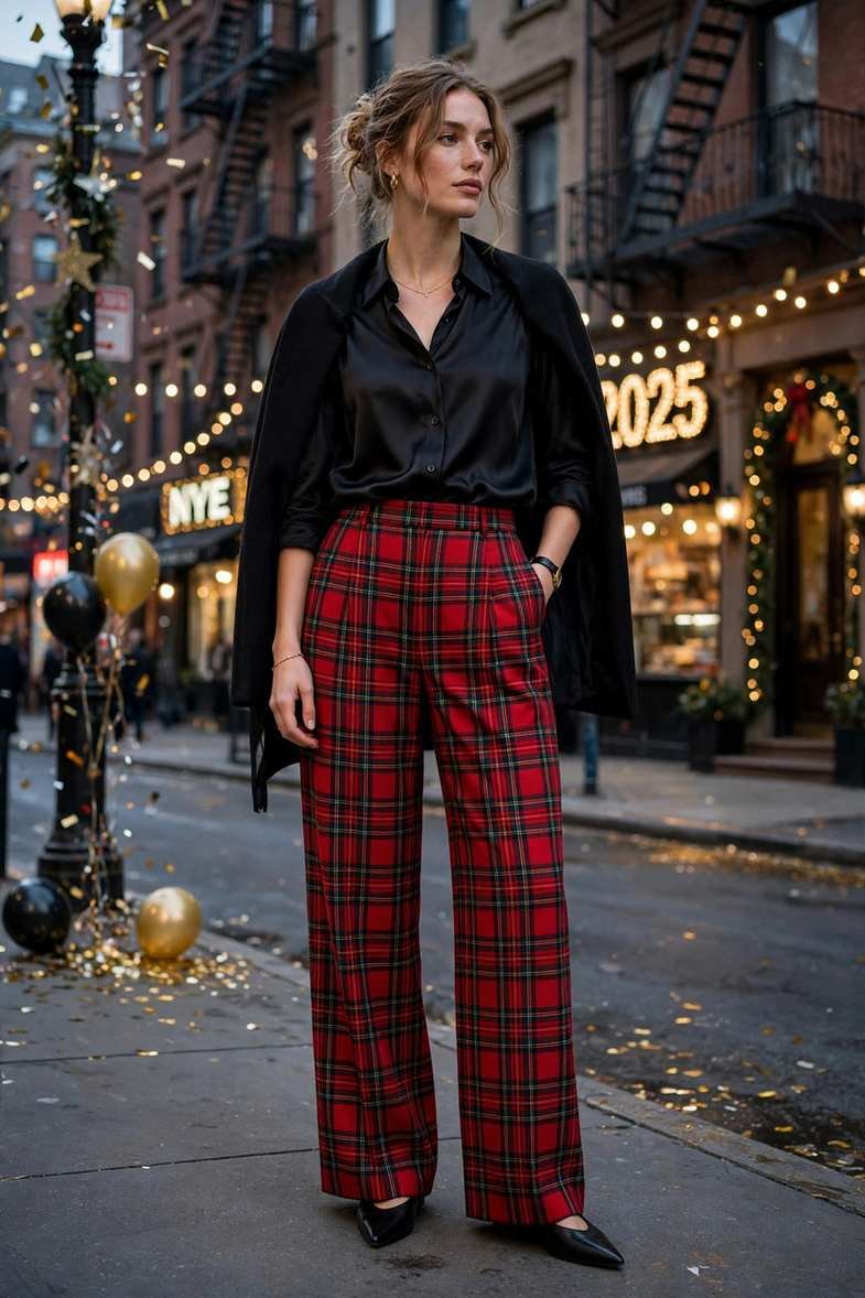 Tartan Trousers and Black Silk Shirt