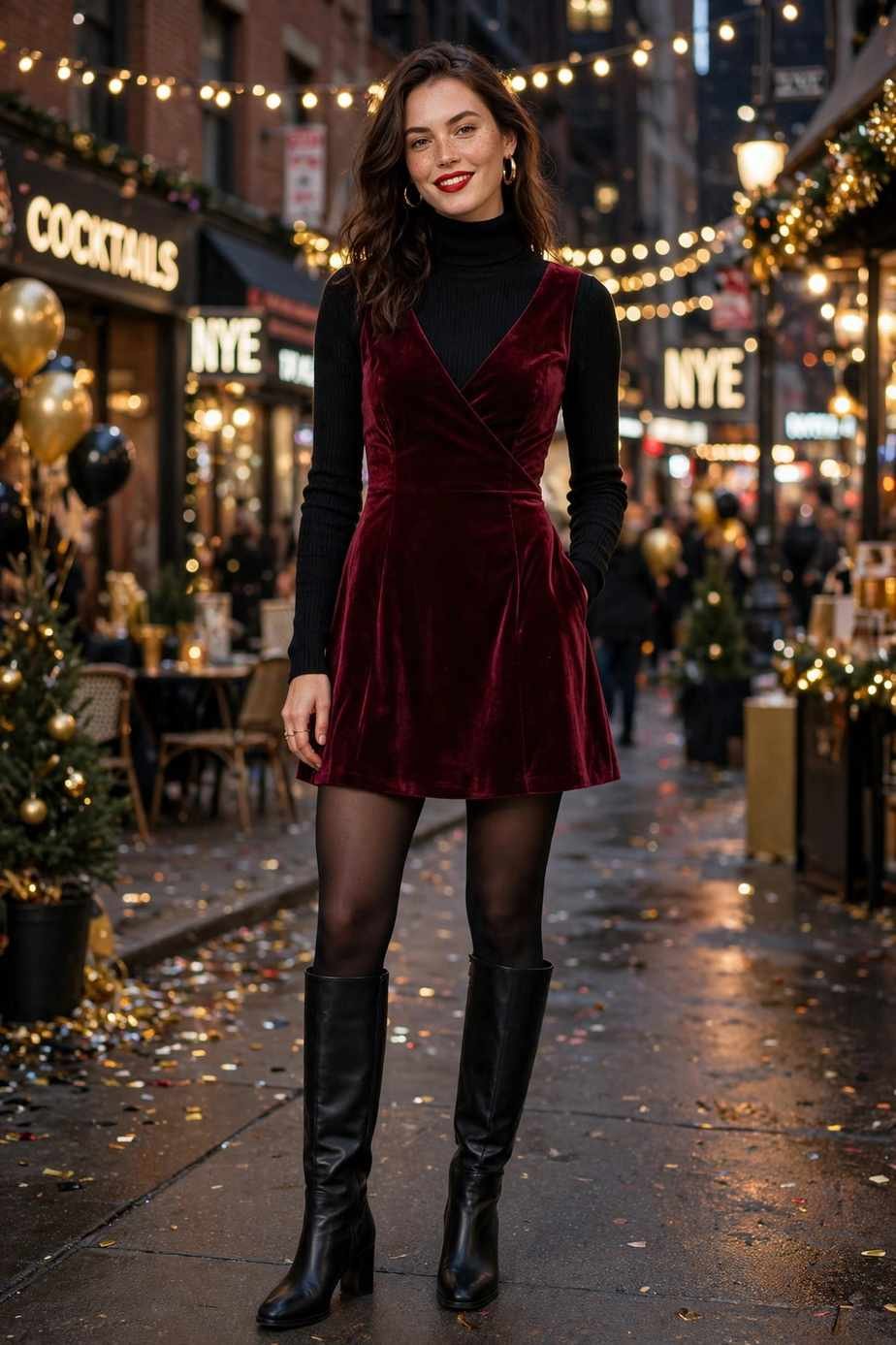 Burgundy Velvet Mini and Black Opaque Tights