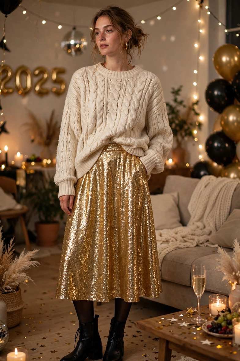 Cream Cable-Knit Sweater and Sequin Midi Skirt