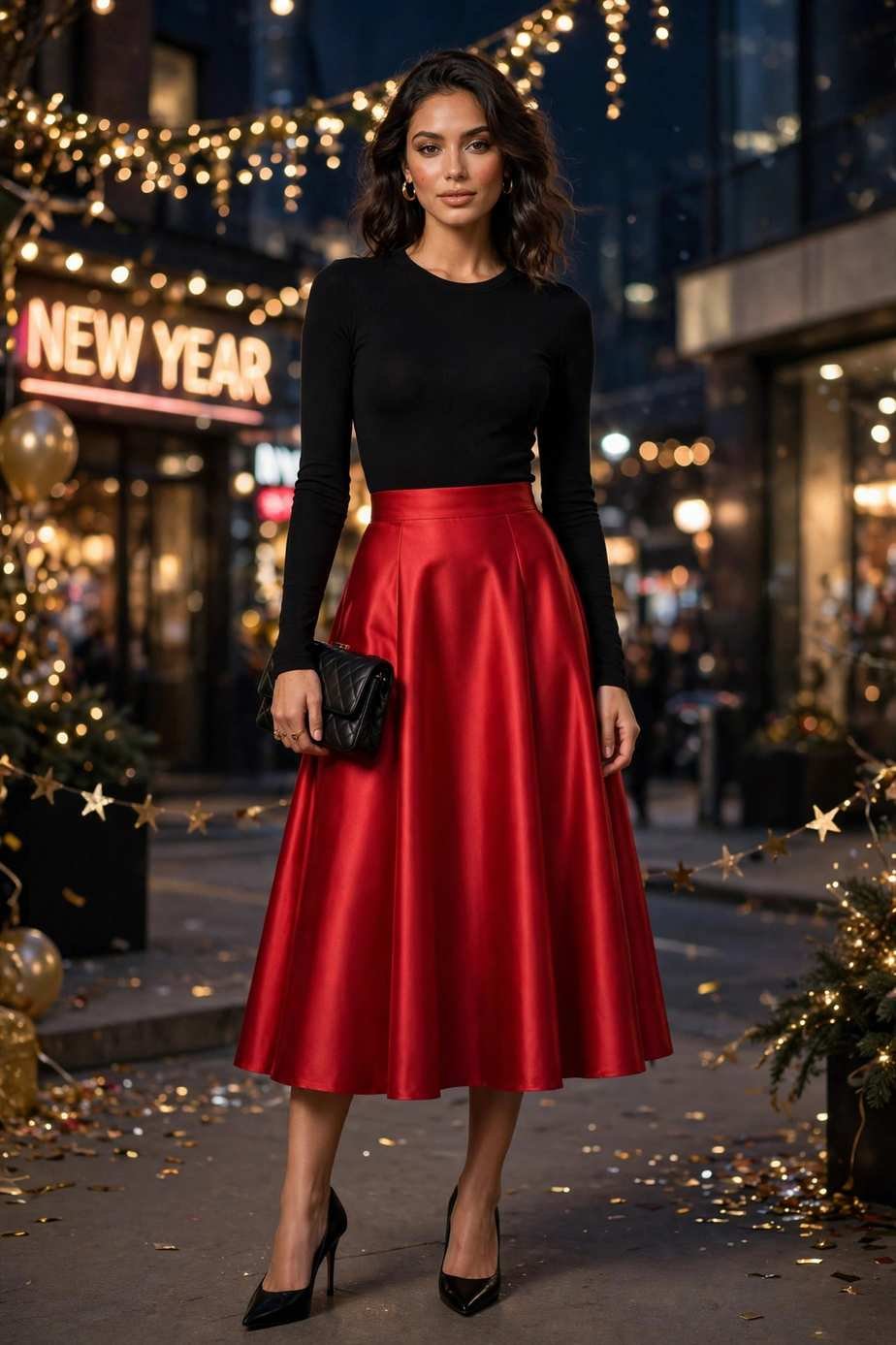 Red Satin Midi Skirt and Black Bodysuit