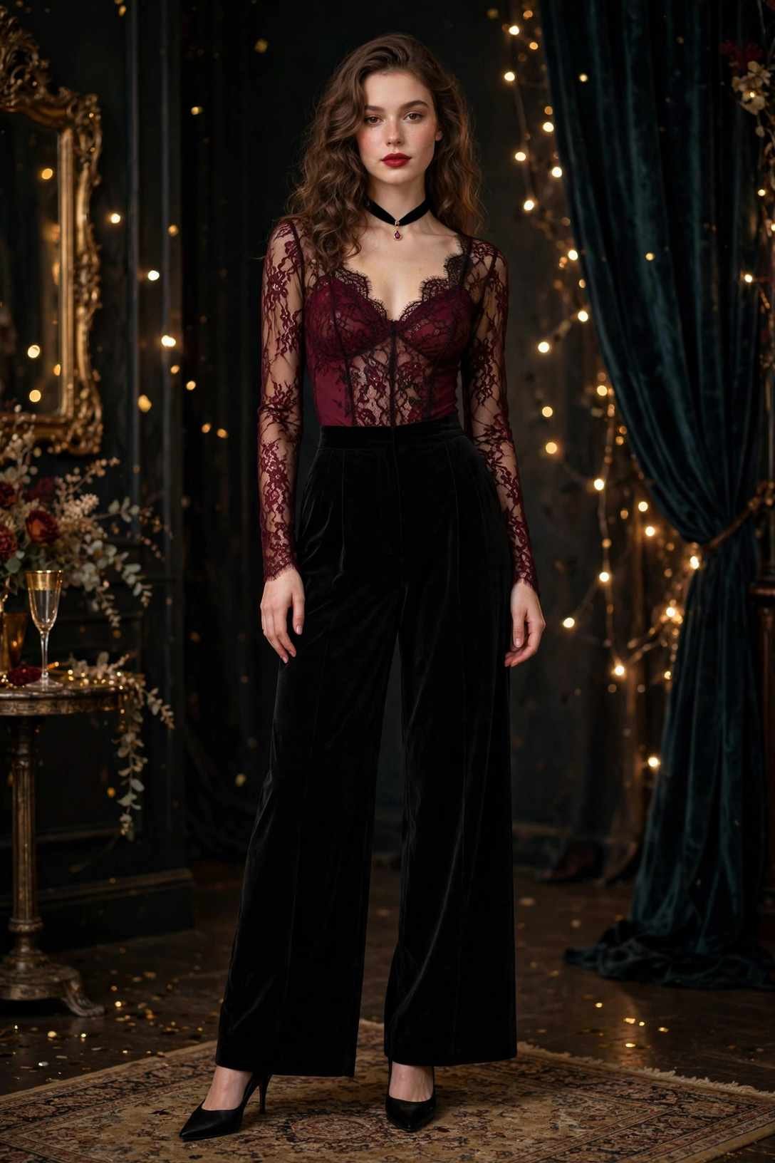 Velvet Wide-Leg Trousers and Lace Bodysuit