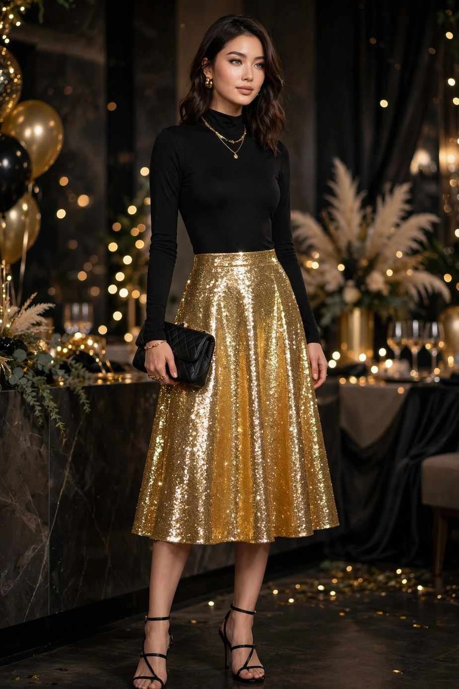 Black Bodysuit and Gold Sequin Midi Skirt