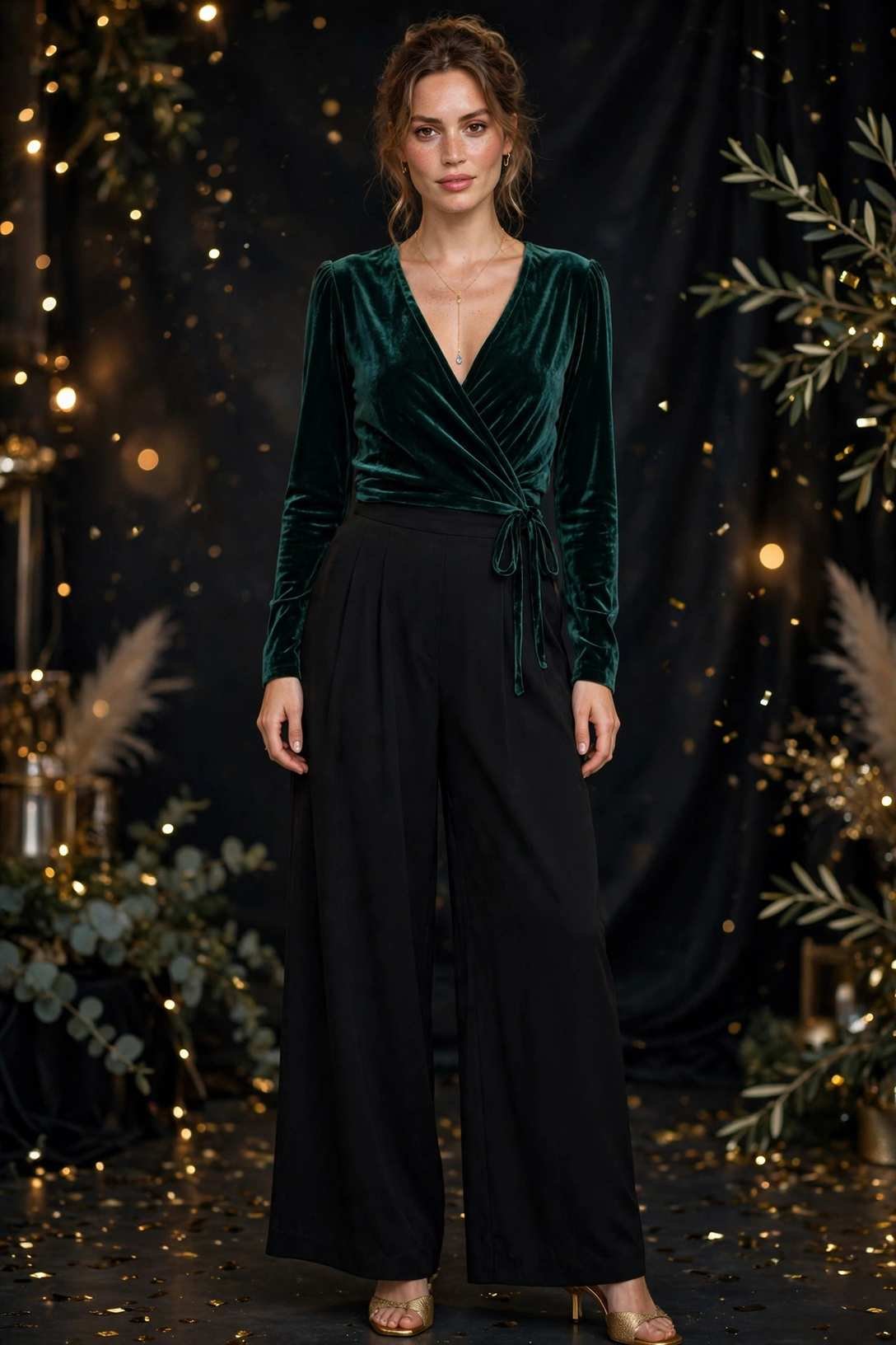 Velvet Wrap Top and Black Palazzos