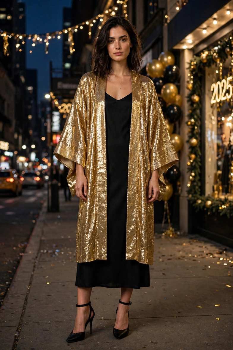 Sequin Kimono Over Black Dress