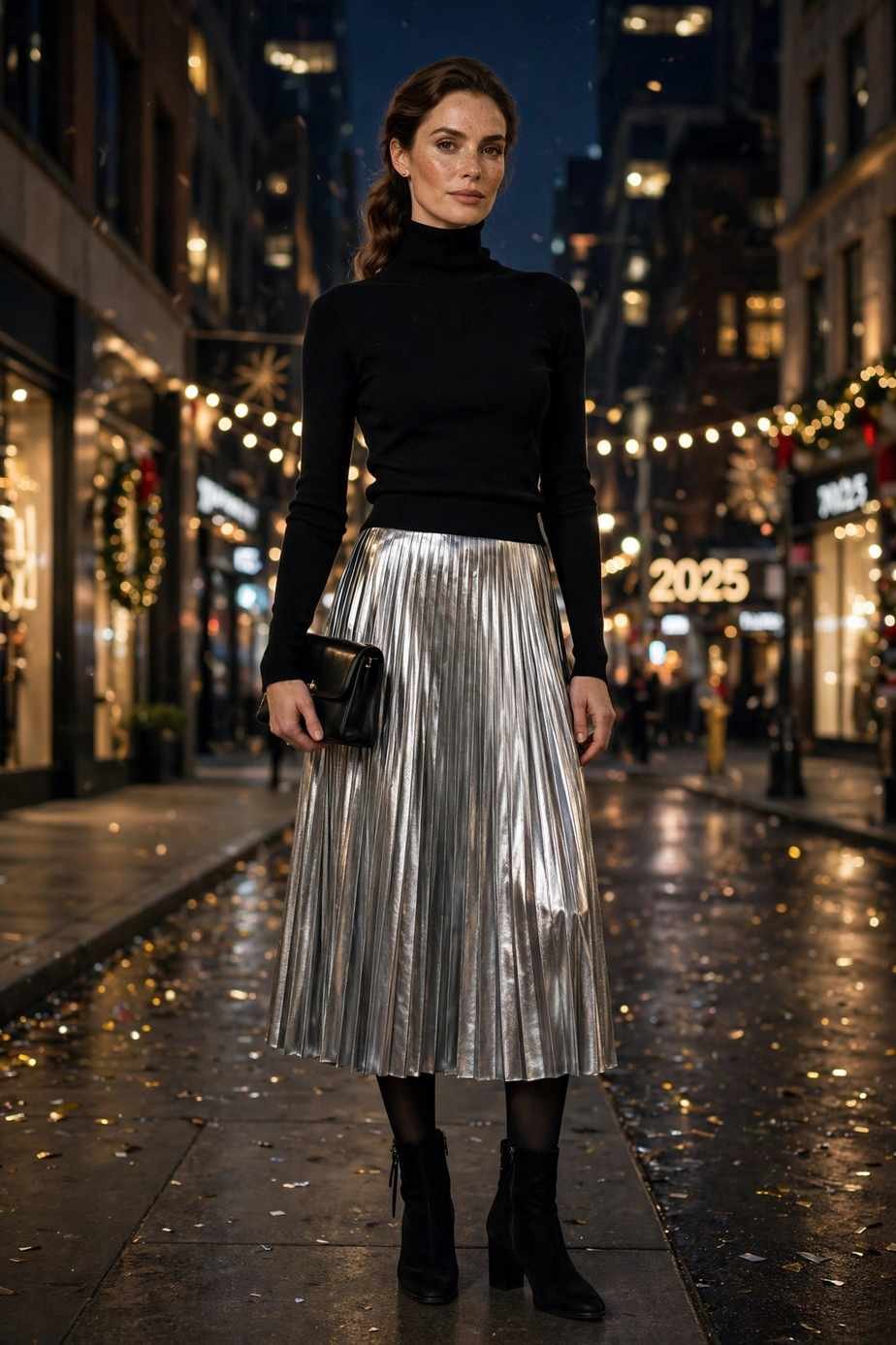 Metallic Pleated Skirt and Black Turtleneck (NYE)