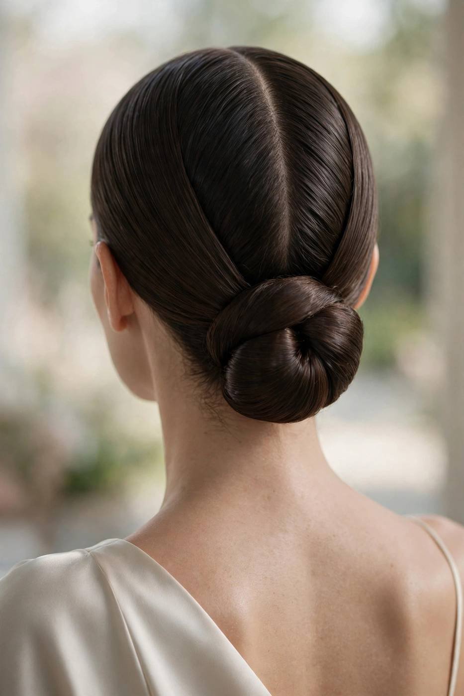 Sleek center part low bun quick wedding hairstyle