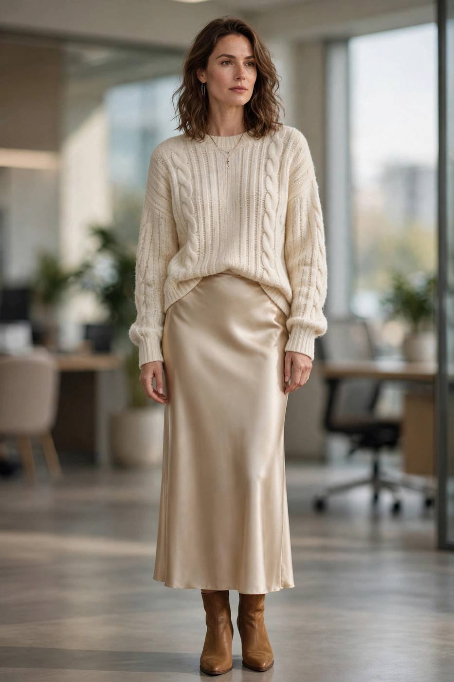 Satin midi skirt with cozy sweater business casual outfit
