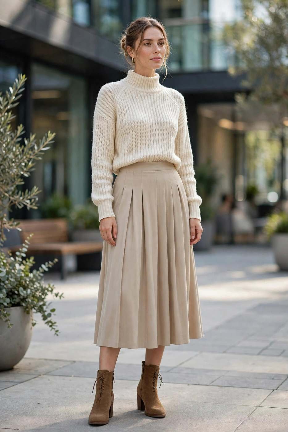Cream sweater with pleated midi skirt business casual outfit