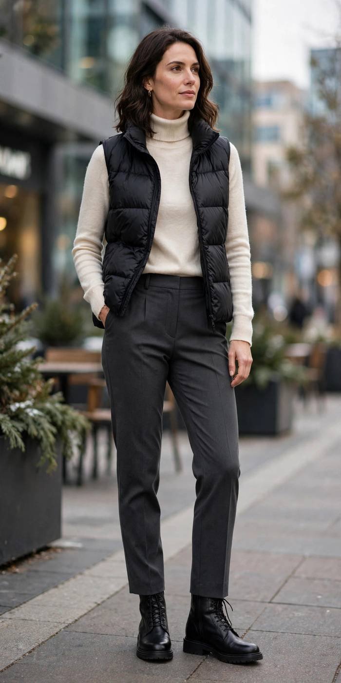 Puffer vest with turtleneck and trousers casual business casual winter outfit