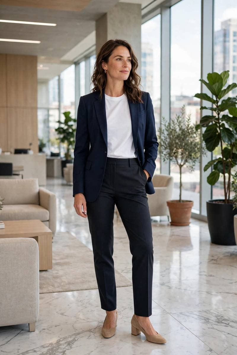 Woman wearing navy blazer with white t-shirt for work