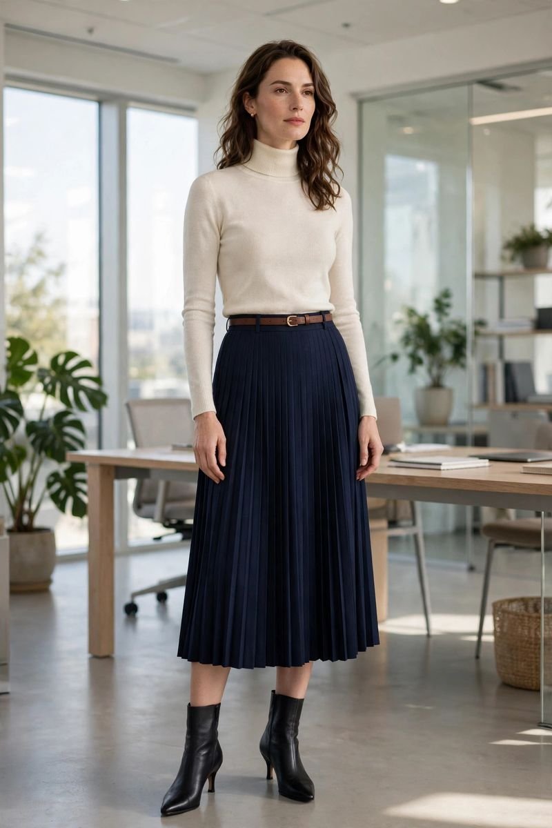 Woman wearing cream turtleneck with pleated midi skirt