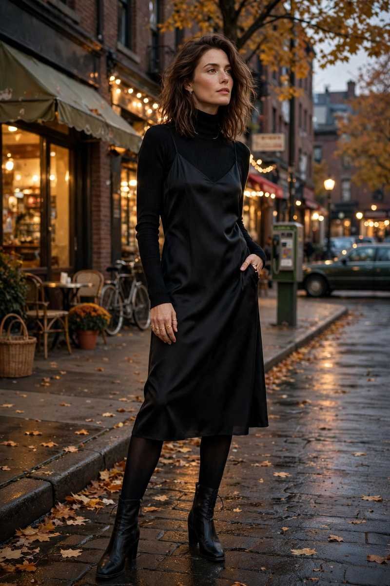Woman wearing slip dress layered over turtleneck